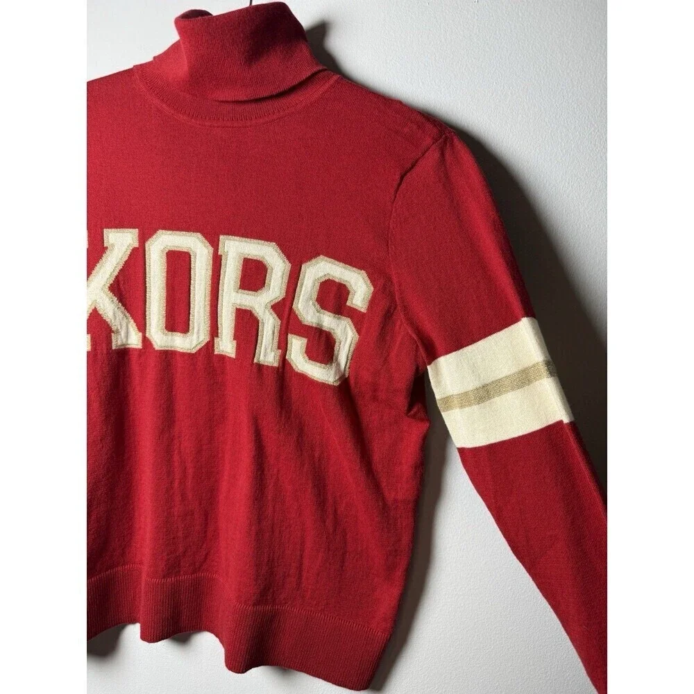 MICHAEL KORS Women Red Logo Long Sleeve Turtle Neck Sweater Small NEW